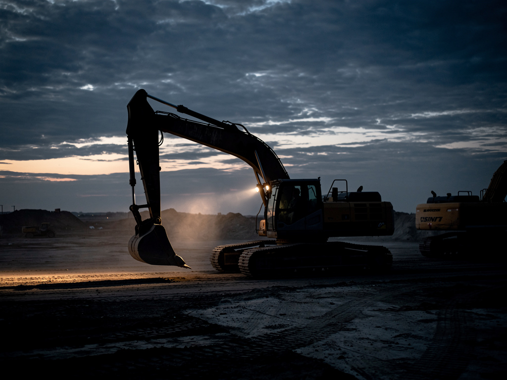 Excavator silhouetted against a dusk sky on a large dirt work site